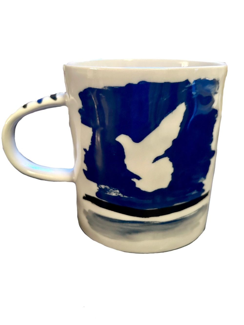 Anthropologie Hotel Magique Ceramic Coffee Mug Blue White Peace Dove 14.75 oz